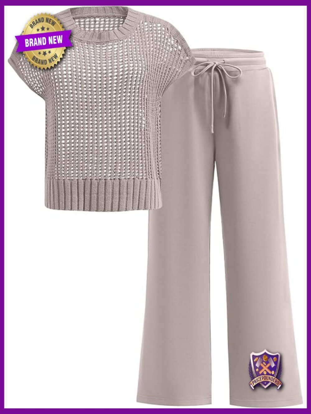 Two Piece Outfits Crochet Sheer Knit Sweater Top Wide Leg Pants Lounge Matching